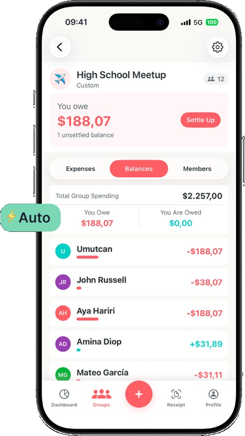Tabb group balances screen showing who owes what